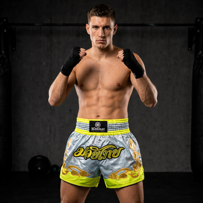 KOMBAT Muay Thai Shorts – Silver Neon