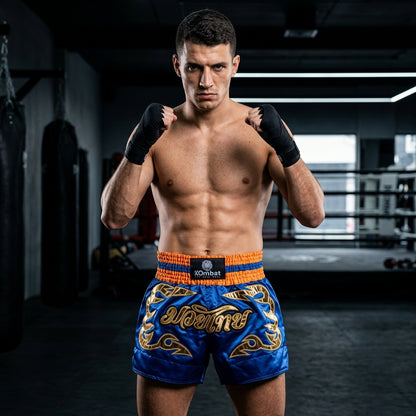 KOMBAT Muay Thai Shorts – Royal Blue Gold