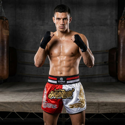 KOMBAT Muay Thai Shorts – Red White Gold