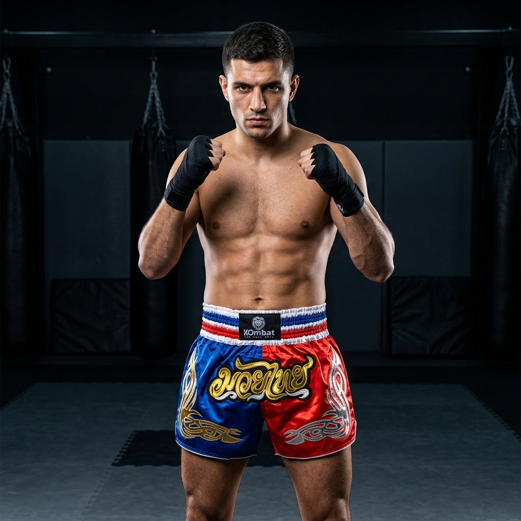 KOMBAT Muay Thai Shorts – Red Blue Gold