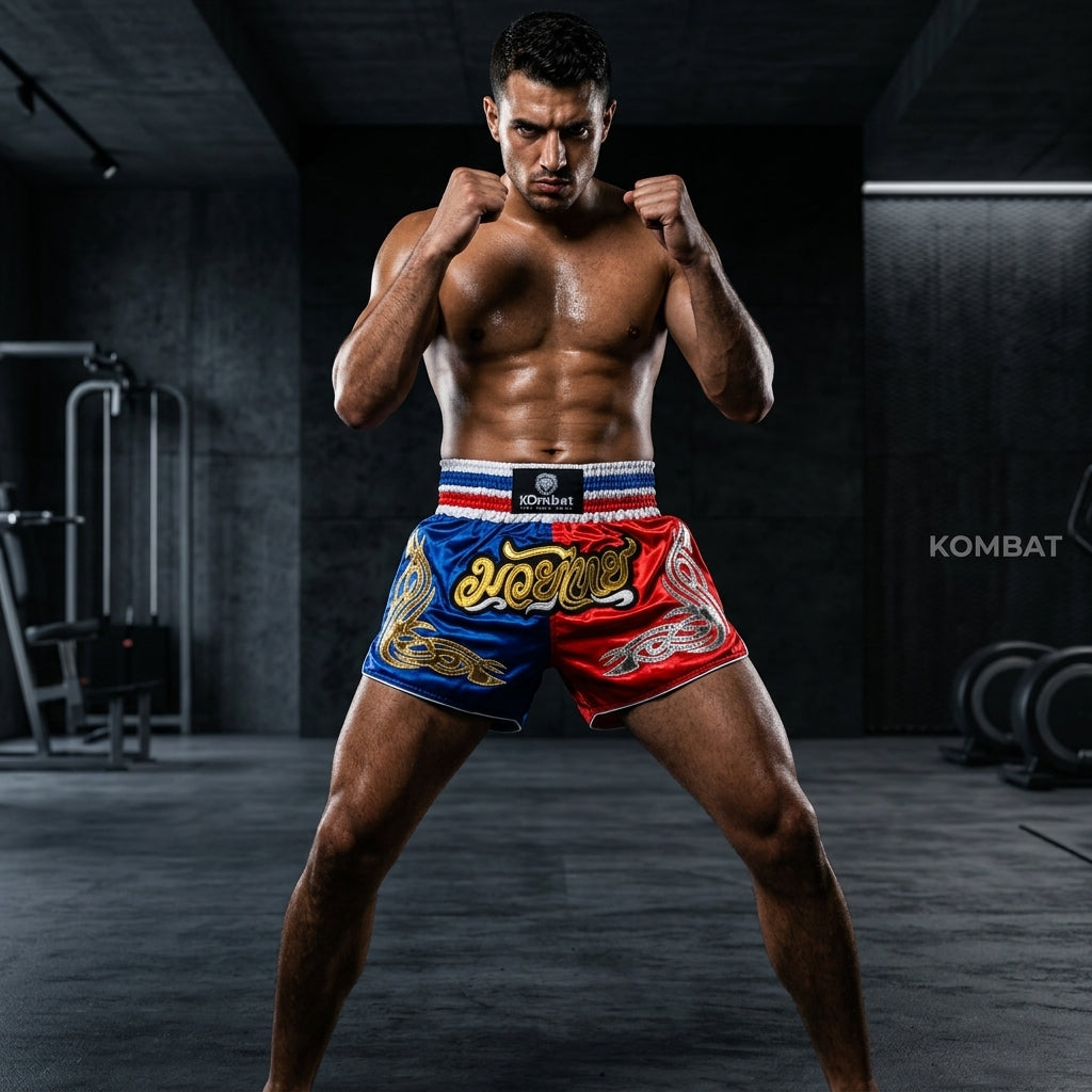 KOMBAT Muay Thai Shorts – Red Blue Gold